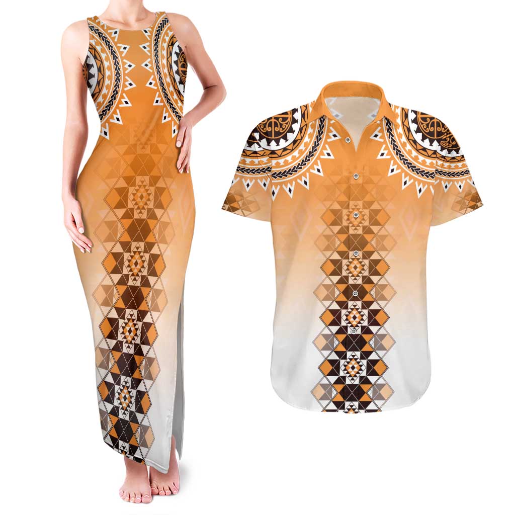 New Zealand Couples Matching Tank Maxi Dress and Hawaiian Shirt Poutama Mix Orange Taniko Inspired Art LT05