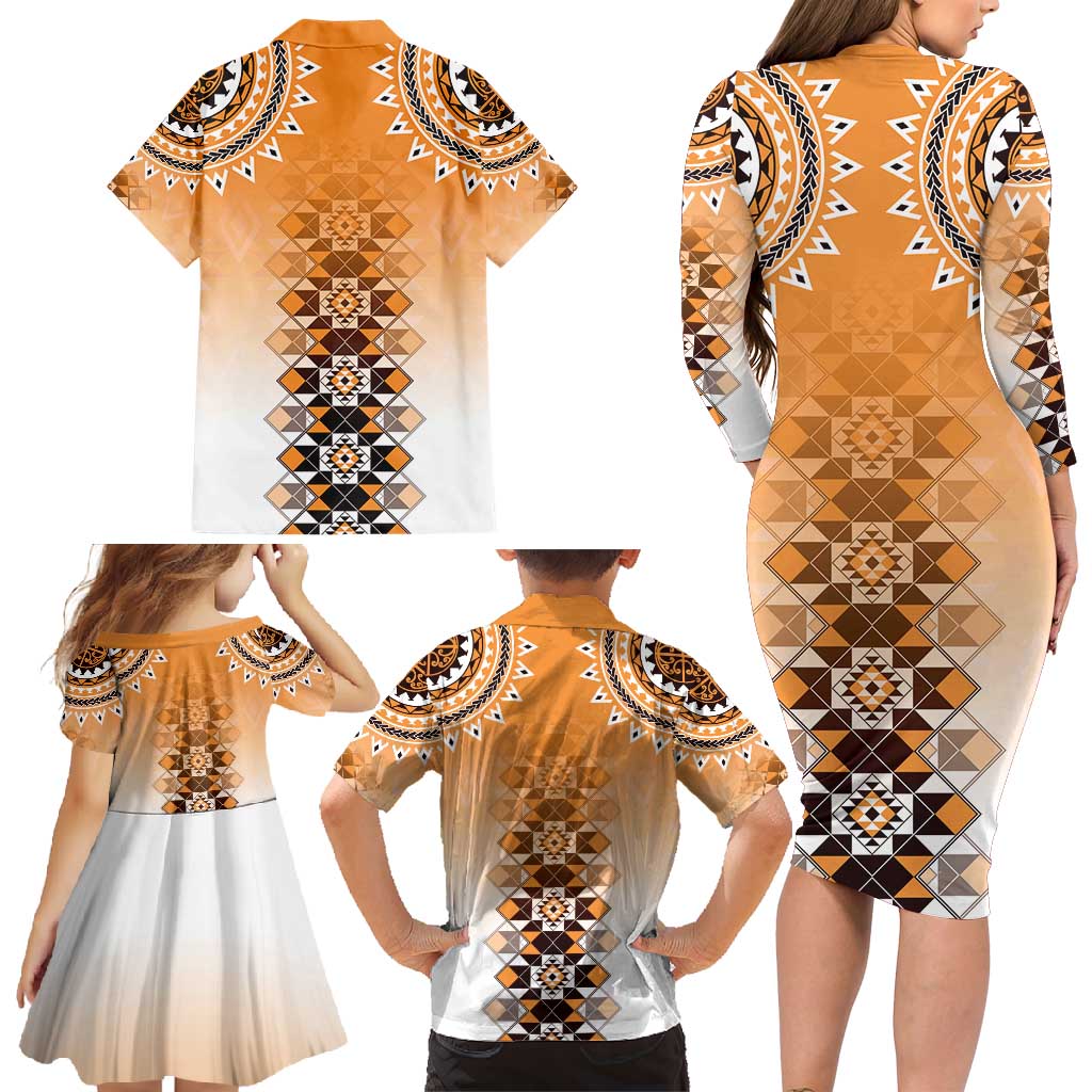 New Zealand Family Matching Long Sleeve Bodycon Dress and Hawaiian Shirt Poutama Mix Orange Taniko Inspired Art LT05