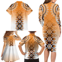 New Zealand Family Matching Long Sleeve Bodycon Dress and Hawaiian Shirt Poutama Mix Orange Taniko Inspired Art LT05