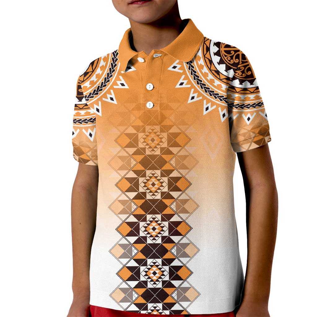 New Zealand Kid Polo Shirt Poutama Mix Orange Taniko Inspired Art LT05