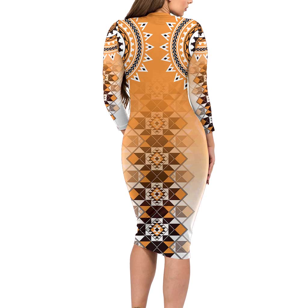 New Zealand Long Sleeve Bodycon Dress Poutama Mix Orange Taniko Inspired Art LT05