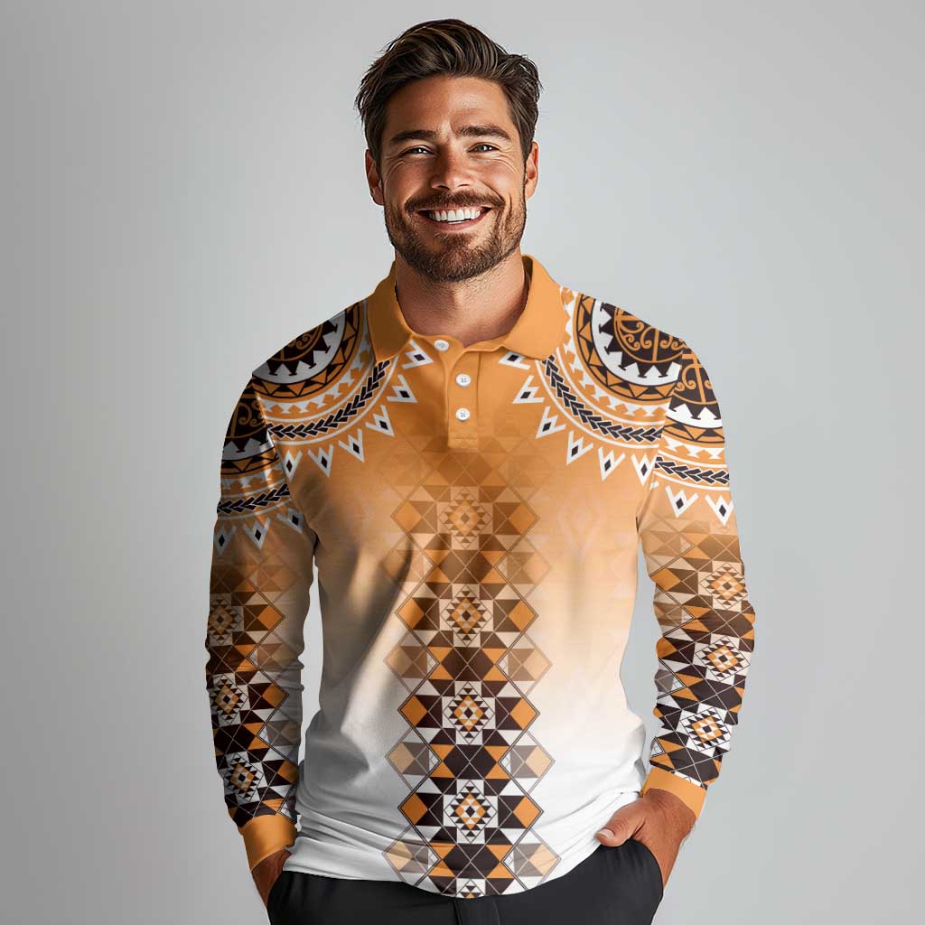 New Zealand Long Sleeve Polo Shirt Poutama Mix Orange Taniko Inspired Art LT05