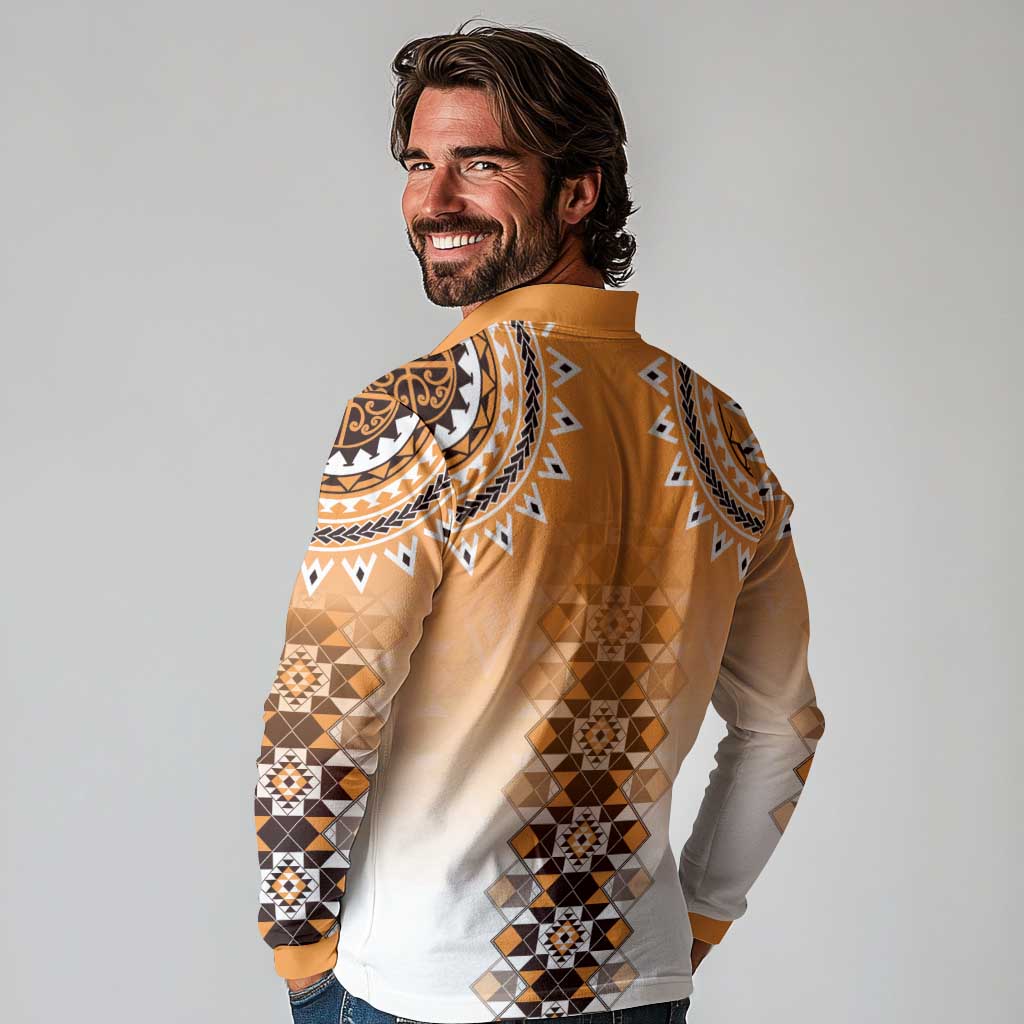 New Zealand Long Sleeve Polo Shirt Poutama Mix Orange Taniko Inspired Art LT05