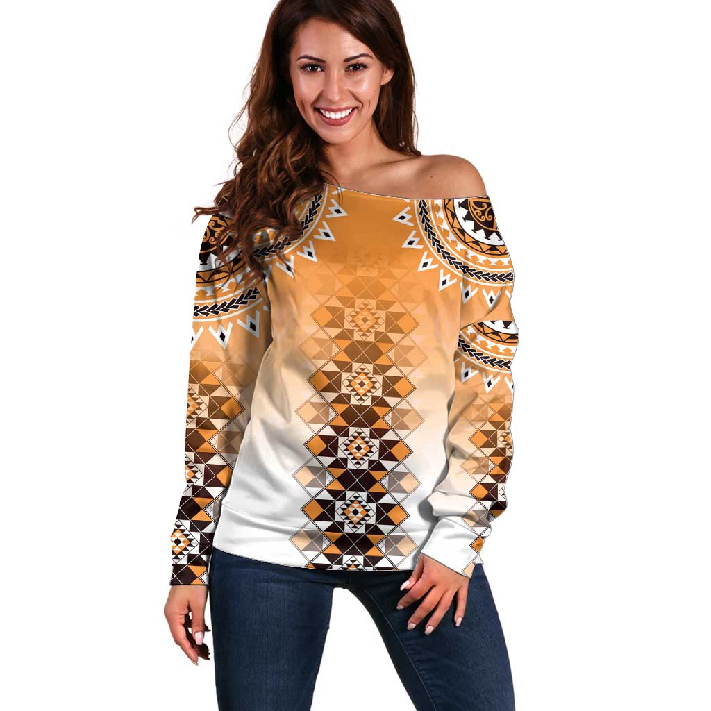 New Zealand Off Shoulder Sweater Poutama Mix Orange Taniko Inspired Art LT05 Women Orange - Polynesian Pride