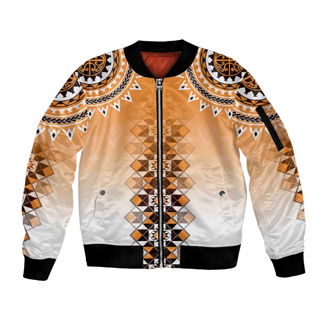 New Zealand Sleeve Zip Bomber Jacket Poutama Mix Orange Taniko Inspired Art LT05 Unisex Orange - Polynesian Pride