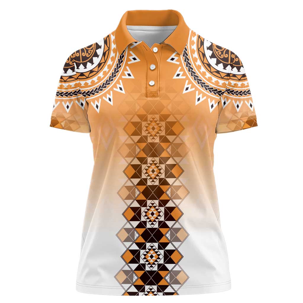 New Zealand Women Polo Shirt Poutama Mix Orange Taniko Inspired Art LT05
