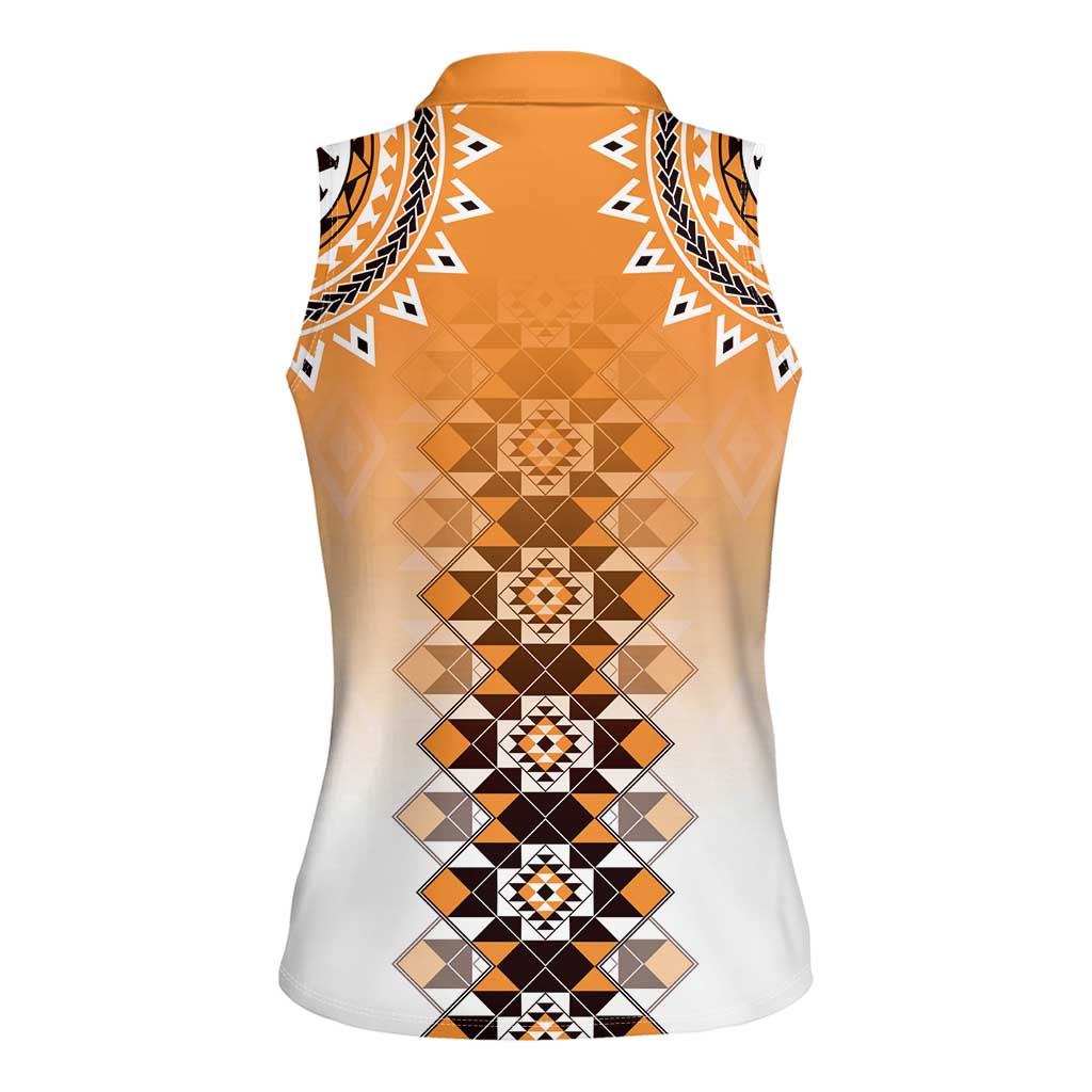 New Zealand Women Sleeveless Polo Shirt Poutama Mix Orange Taniko Inspired Art LT05