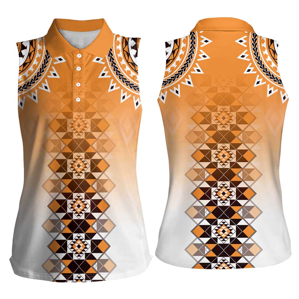 New Zealand Women Sleeveless Polo Shirt Poutama Mix Orange Taniko Inspired Art LT05