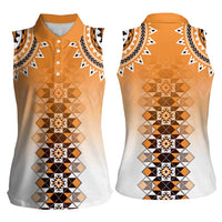 New Zealand Women Sleeveless Polo Shirt Poutama Mix Orange Taniko Inspired Art LT05