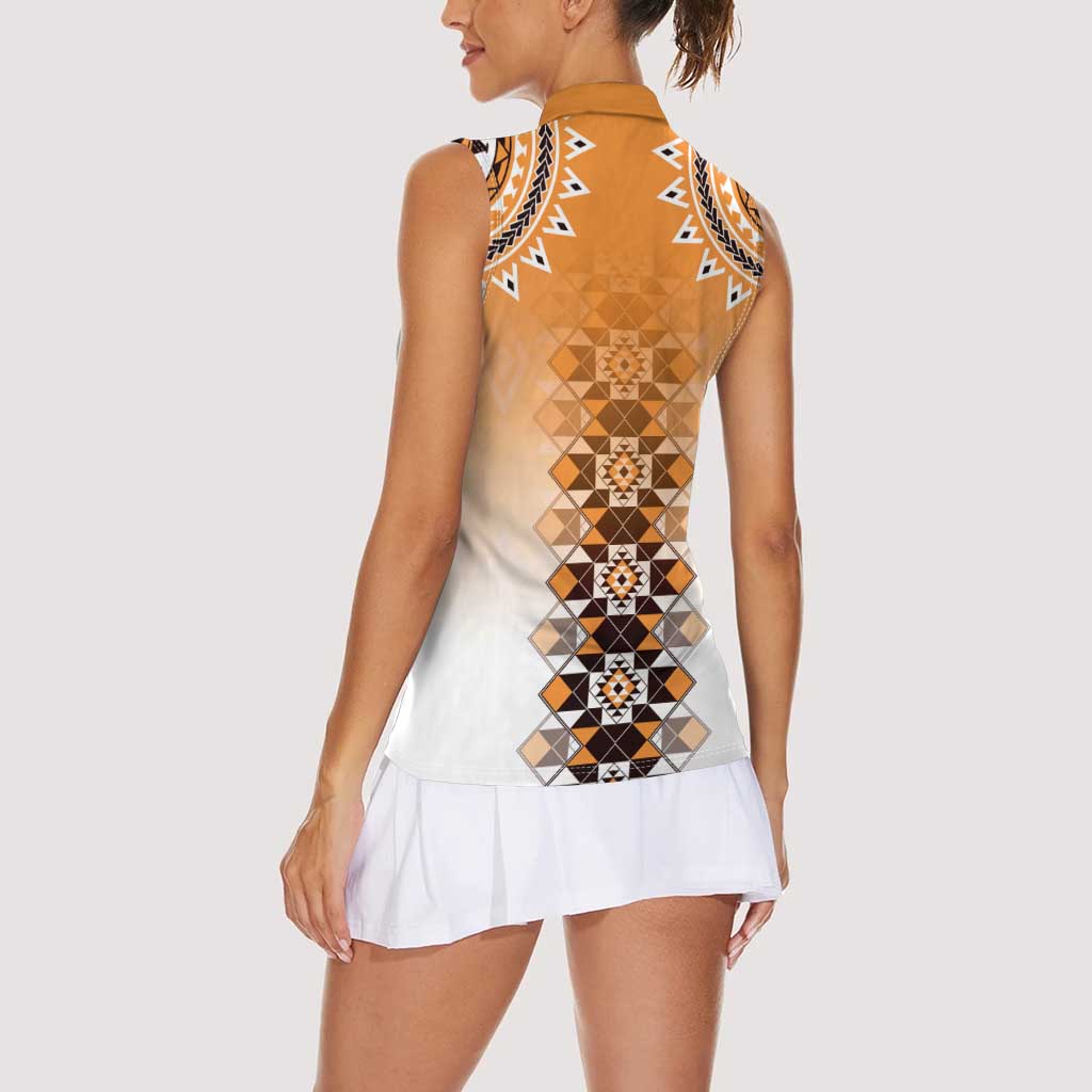 New Zealand Women Sleeveless Polo Shirt Poutama Mix Orange Taniko Inspired Art LT05