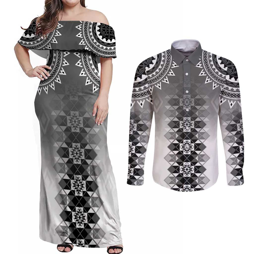 New Zealand Couples Matching Off Shoulder Maxi Dress and Long Sleeve Button Shirt Poutama Mix Gray Taniko Inspired Art LT05