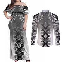 New Zealand Couples Matching Off Shoulder Maxi Dress and Long Sleeve Button Shirt Poutama Mix Gray Taniko Inspired Art LT05