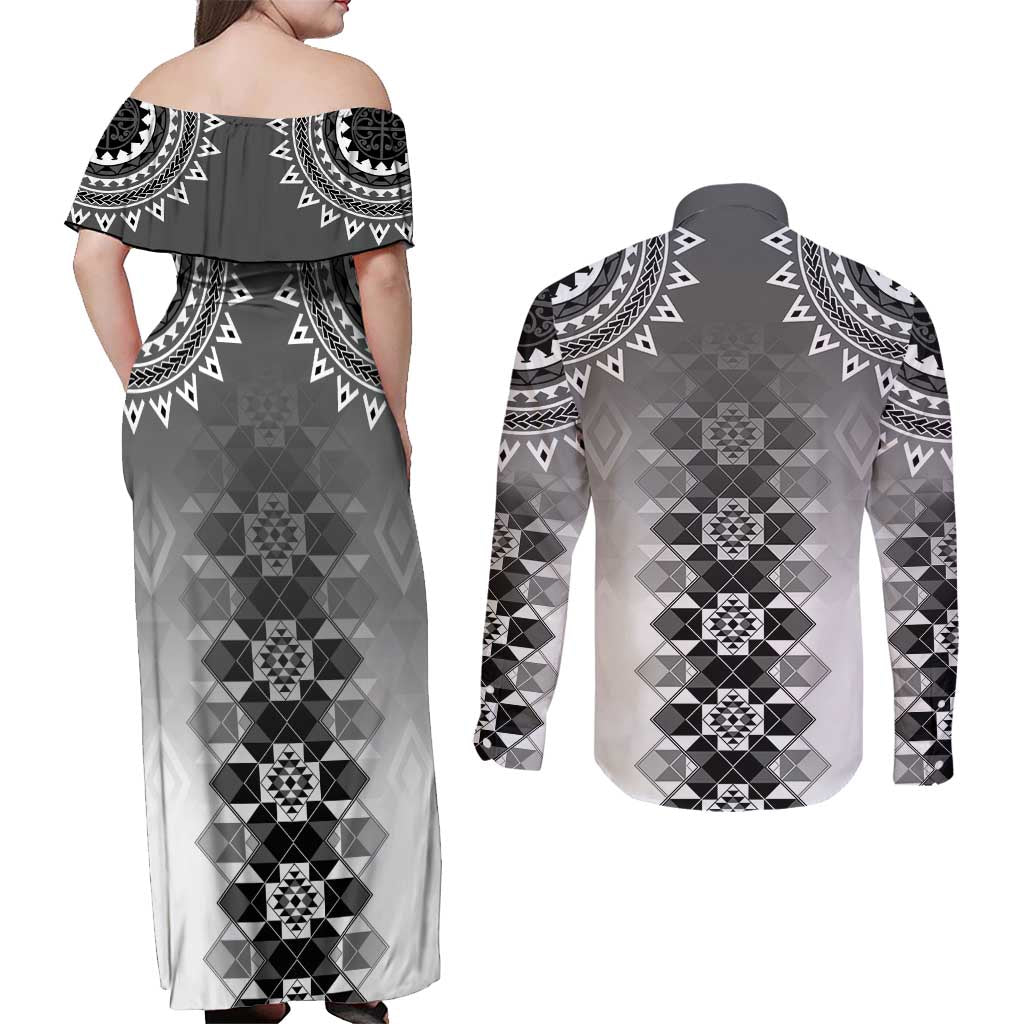 New Zealand Couples Matching Off Shoulder Maxi Dress and Long Sleeve Button Shirt Poutama Mix Gray Taniko Inspired Art LT05