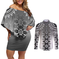 New Zealand Couples Matching Off Shoulder Short Dress and Long Sleeve Button Shirt Poutama Mix Gray Taniko Inspired Art LT05