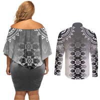 New Zealand Couples Matching Off Shoulder Short Dress and Long Sleeve Button Shirt Poutama Mix Gray Taniko Inspired Art LT05