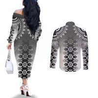 New Zealand Couples Matching Off The Shoulder Long Sleeve Dress and Long Sleeve Button Shirt Poutama Mix Gray Taniko Inspired Art LT05