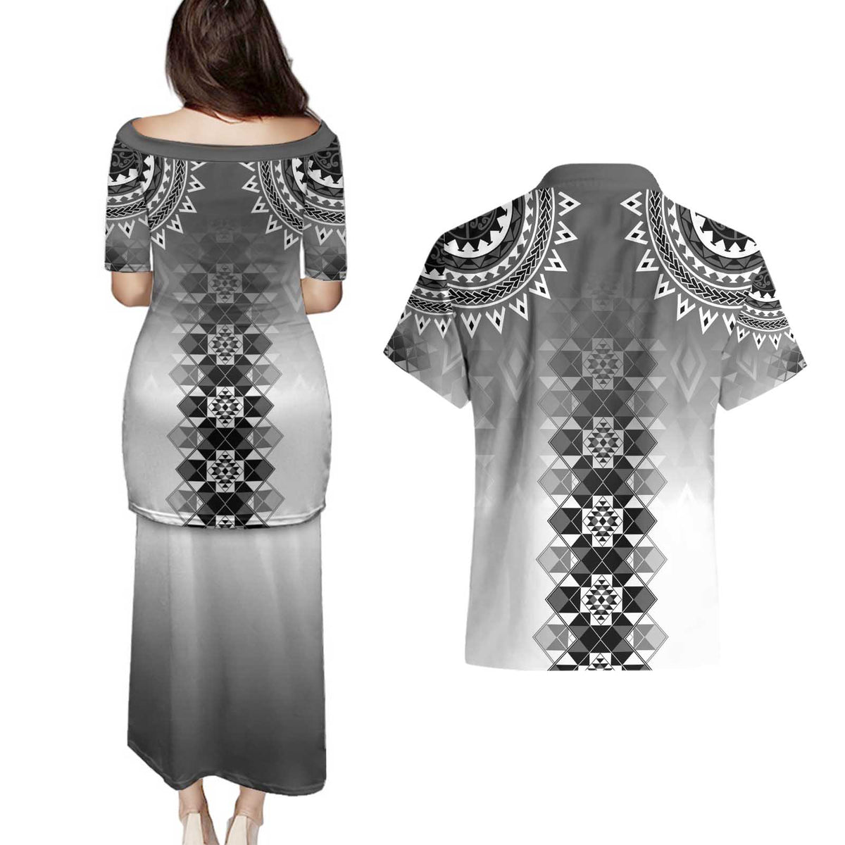 New Zealand Couples Matching Puletasi and Hawaiian Shirt Poutama Mix Gray Taniko Inspired Art LT05