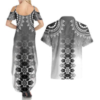 New Zealand Couples Matching Summer Maxi Dress and Hawaiian Shirt Poutama Mix Gray Taniko Inspired Art LT05