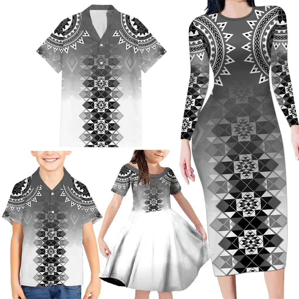 New Zealand Family Matching Long Sleeve Bodycon Dress and Hawaiian Shirt Poutama Mix Gray Taniko Inspired Art LT05