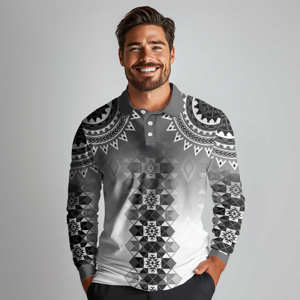 New Zealand Long Sleeve Polo Shirt Poutama Mix Gray Taniko Inspired Art LT05