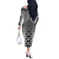 New Zealand Off The Shoulder Long Sleeve Dress Poutama Mix Gray Taniko Inspired Art LT05