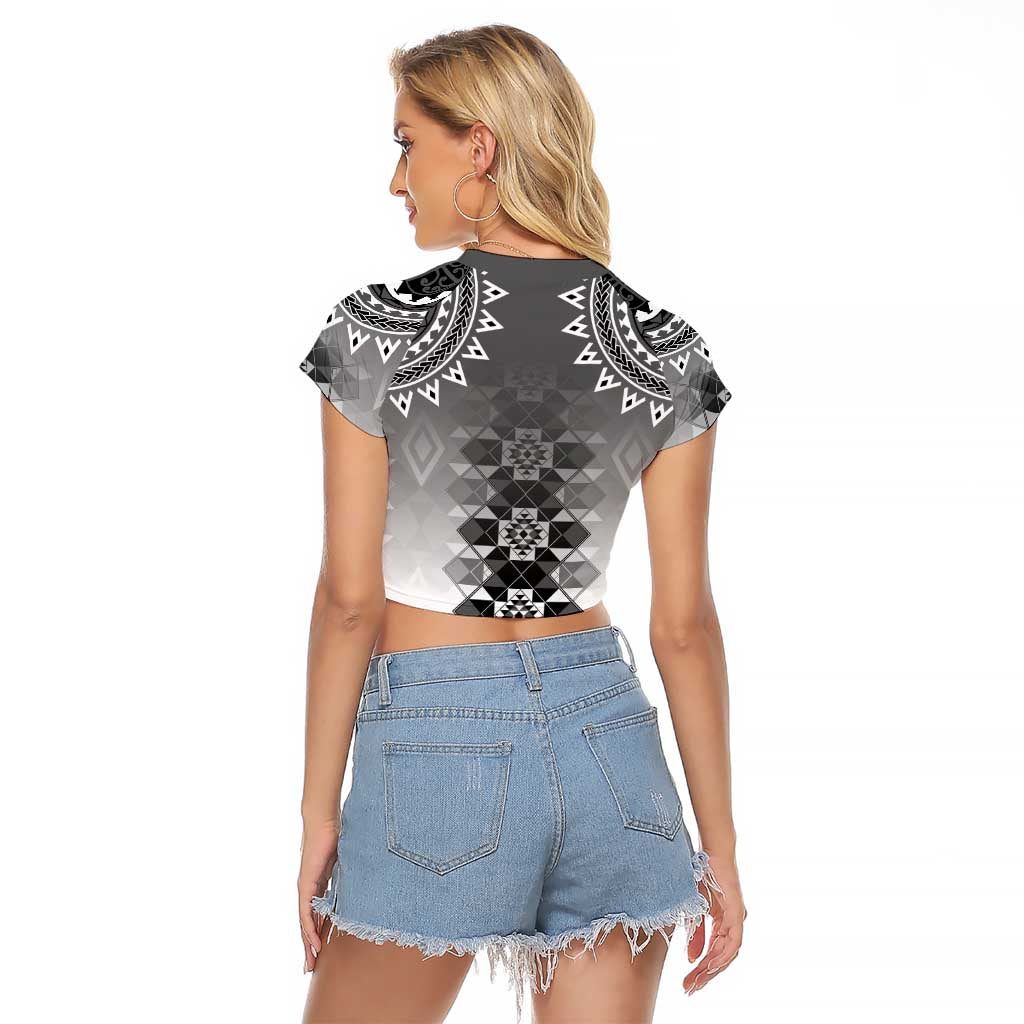 New Zealand Raglan Cropped T Shirt Poutama Mix Gray Taniko Inspired Art LT05