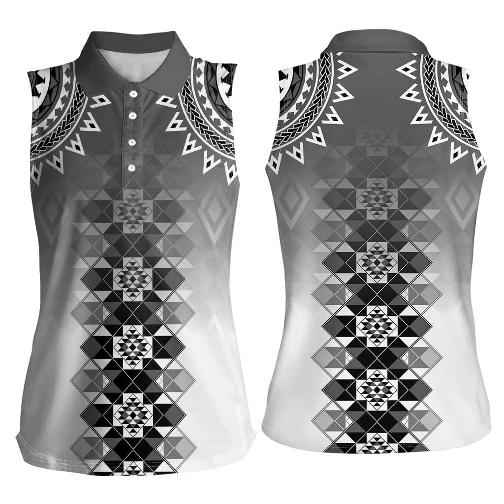 New Zealand Women Sleeveless Polo Shirt Poutama Mix Gray Taniko Inspired Art LT05