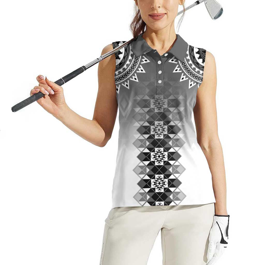 New Zealand Women Sleeveless Polo Shirt Poutama Mix Gray Taniko Inspired Art LT05