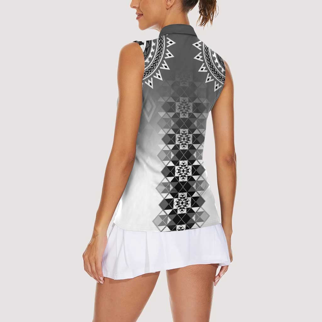 New Zealand Women Sleeveless Polo Shirt Poutama Mix Gray Taniko Inspired Art LT05