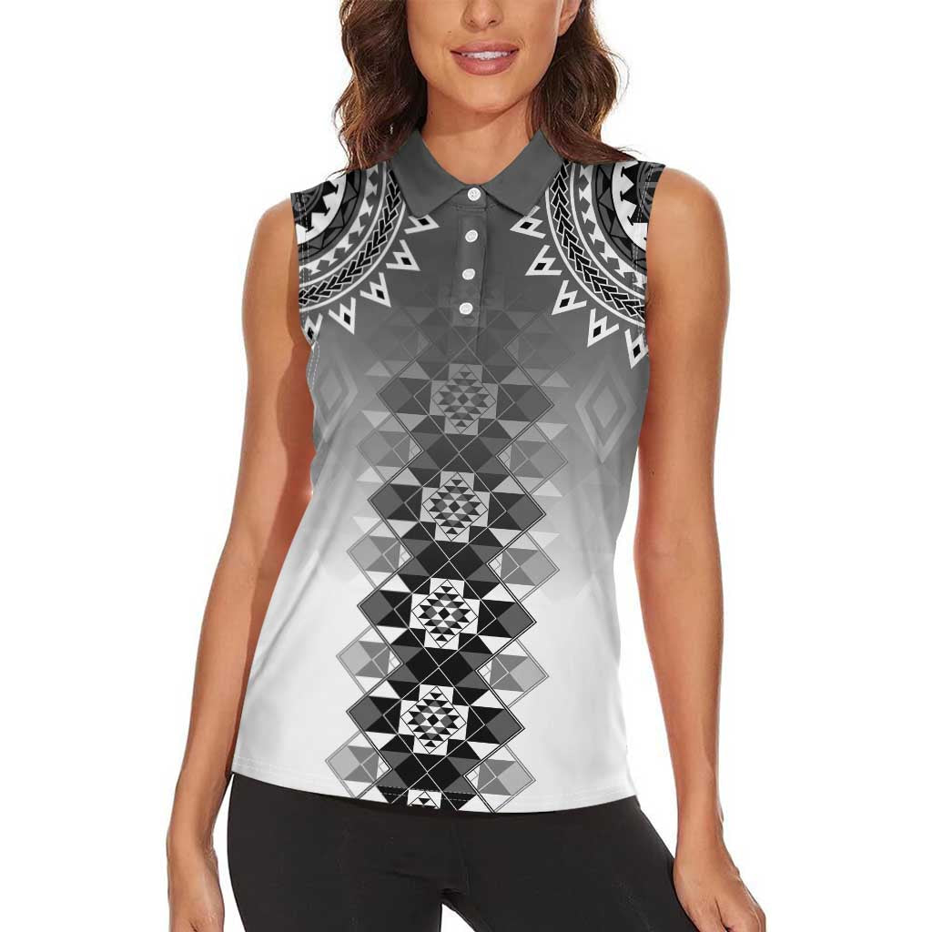 New Zealand Women Sleeveless Polo Shirt Poutama Mix Gray Taniko Inspired Art LT05