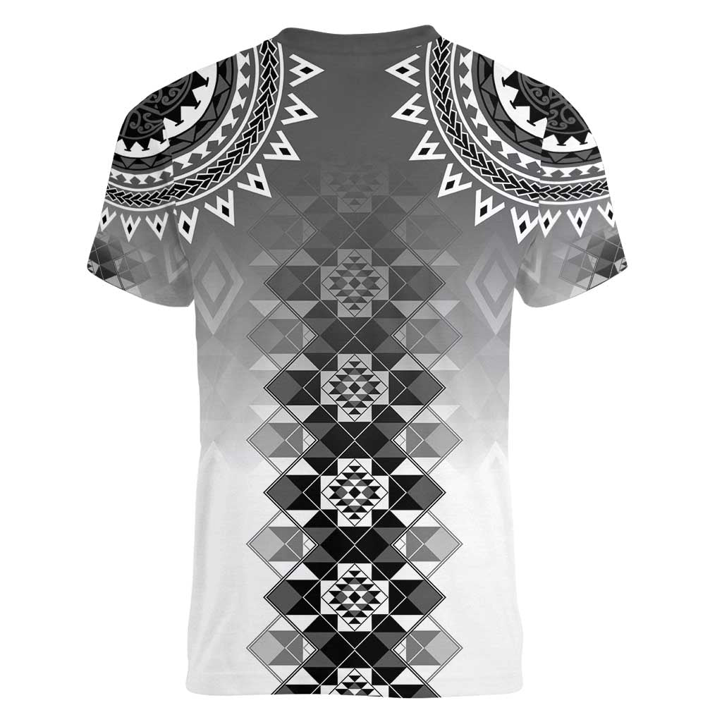 New Zealand Women V-Neck T-Shirt Poutama Mix Gray Taniko Inspired Art LT05