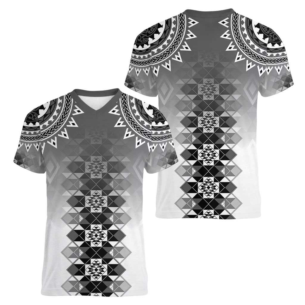 New Zealand Women V-Neck T-Shirt Poutama Mix Gray Taniko Inspired Art LT05