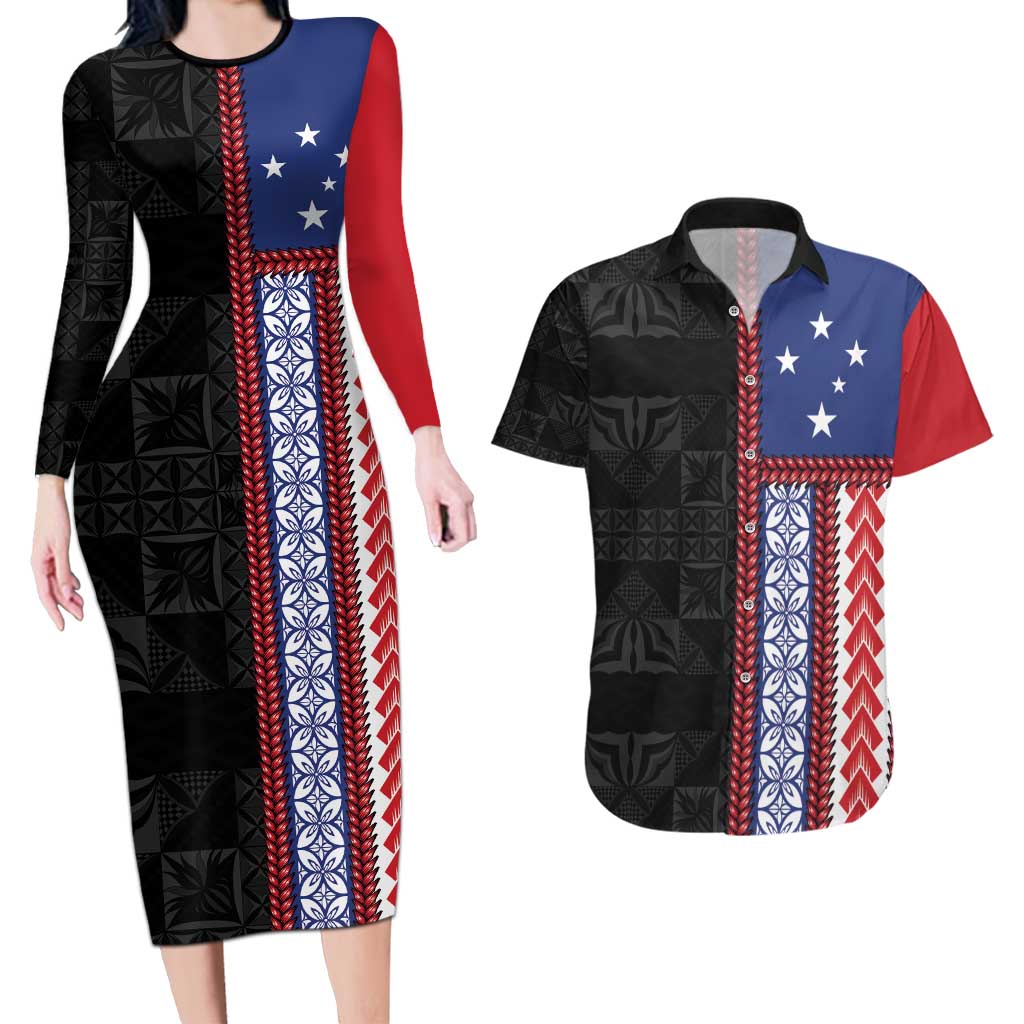 Samoa Flag Couples Matching Long Sleeve Bodycon Dress and Hawaiian Shirt Ula Fala With Samoan Siapo - Polynesian Pride