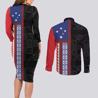 Samoa Flag Couples Matching Long Sleeve Bodycon Dress and Long Sleeve Button Shirt Ula Fala With Samoan Siapo - Polynesian Pride
