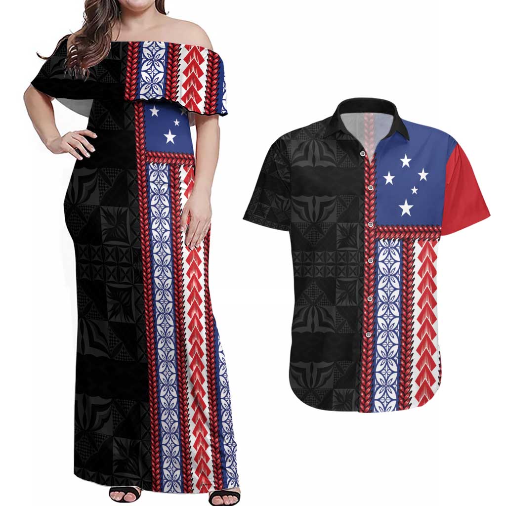 Samoa Flag Couples Matching Off Shoulder Maxi Dress and Hawaiian Shirt Ula Fala With Samoan Siapo - Polynesian Pride