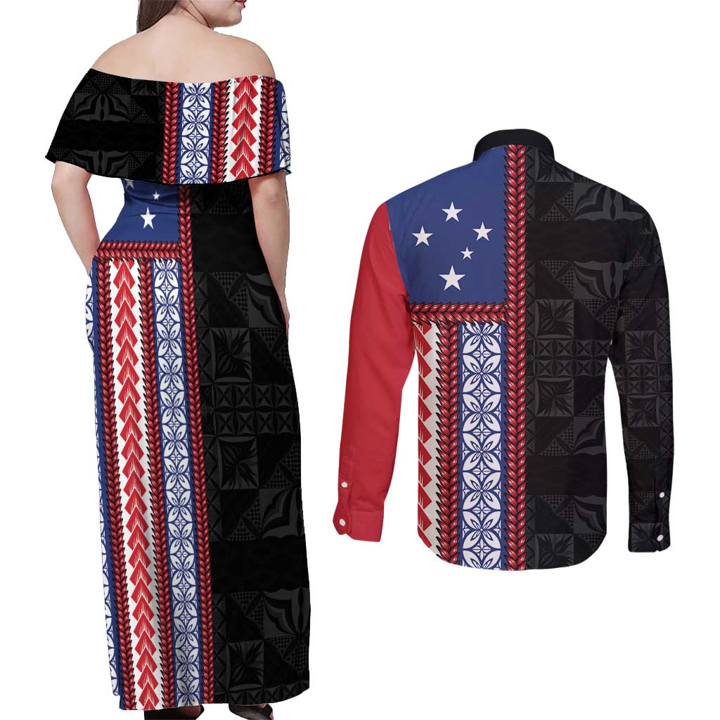 Samoa Flag Couples Matching Off Shoulder Maxi Dress and Long Sleeve Button Shirt Ula Fala With Samoan Siapo - Polynesian Pride