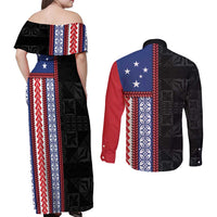Samoa Flag Couples Matching Off Shoulder Maxi Dress and Long Sleeve Button Shirt Ula Fala With Samoan Siapo - Polynesian Pride