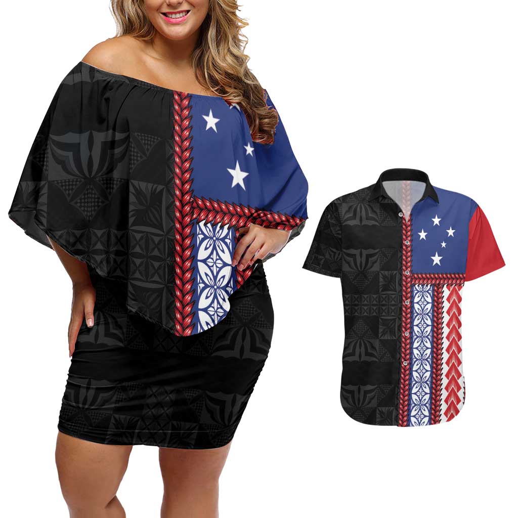 Samoa Flag Couples Matching Off Shoulder Short Dress and Hawaiian Shirt Ula Fala With Samoan Siapo - Polynesian Pride