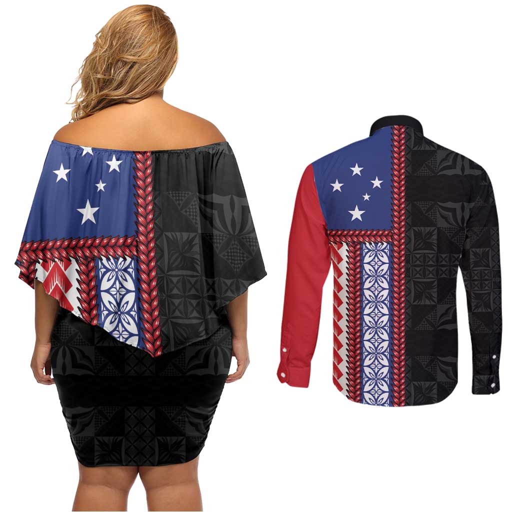 Samoa Flag Couples Matching Off Shoulder Short Dress and Long Sleeve Button Shirt Ula Fala With Samoan Siapo - Polynesian Pride