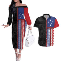 Samoa Flag Couples Matching Off The Shoulder Long Sleeve Dress and Hawaiian Shirt Ula Fala With Samoan Siapo - Polynesian Pride
