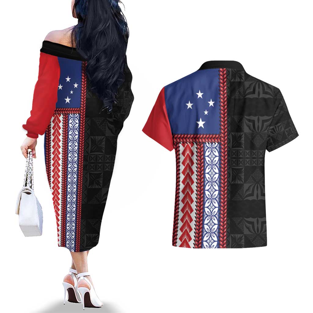 Samoa Flag Couples Matching Off The Shoulder Long Sleeve Dress and Hawaiian Shirt Ula Fala With Samoan Siapo - Polynesian Pride