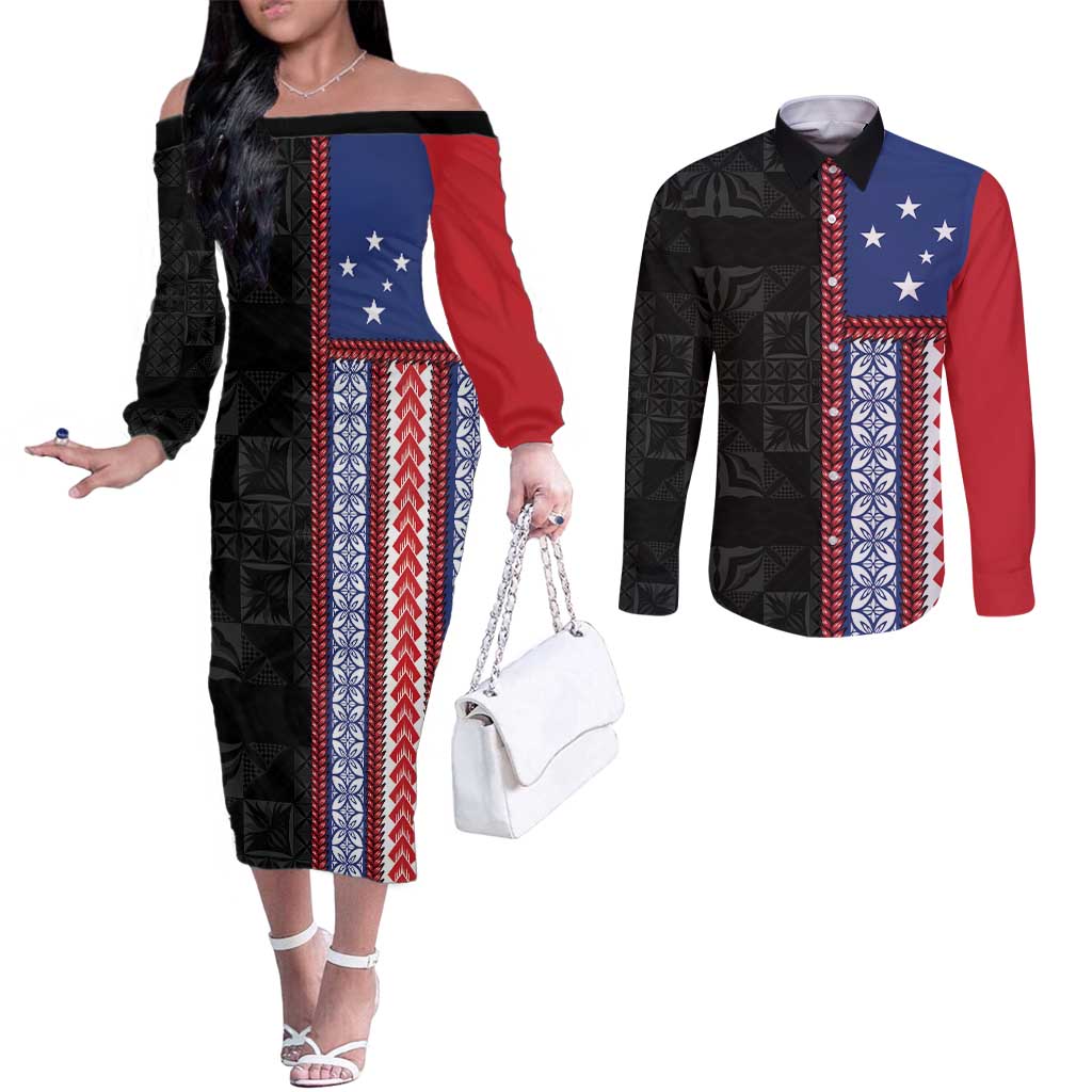 Samoa Flag Couples Matching Off The Shoulder Long Sleeve Dress and Long Sleeve Button Shirt Ula Fala With Samoan Siapo - Polynesian Pride