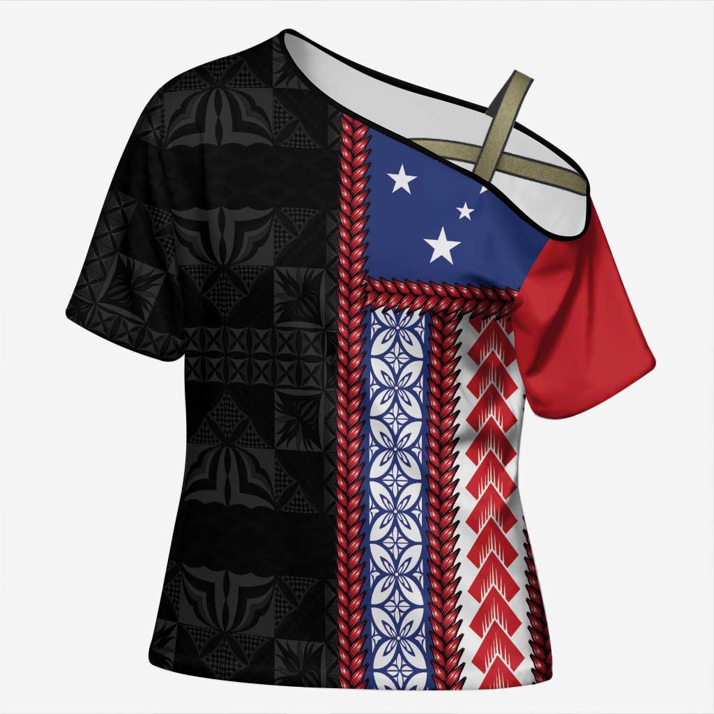 Samoa Flag Cross Shoulder Shirt Ula Fala With Samoan Siapo - Polynesian Pride
