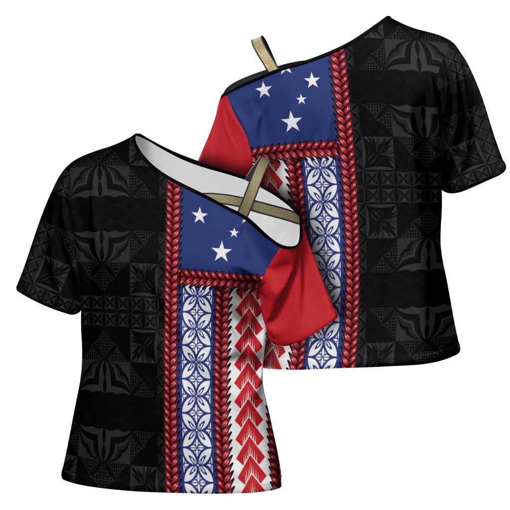 Samoa Flag Cross Shoulder Shirt Ula Fala With Samoan Siapo - Polynesian Pride