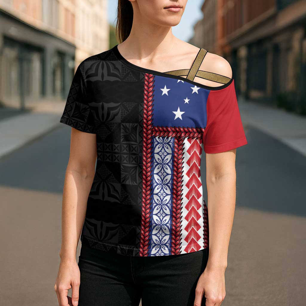 Samoa Flag Cross Shoulder Shirt Ula Fala With Samoan Siapo - Polynesian Pride