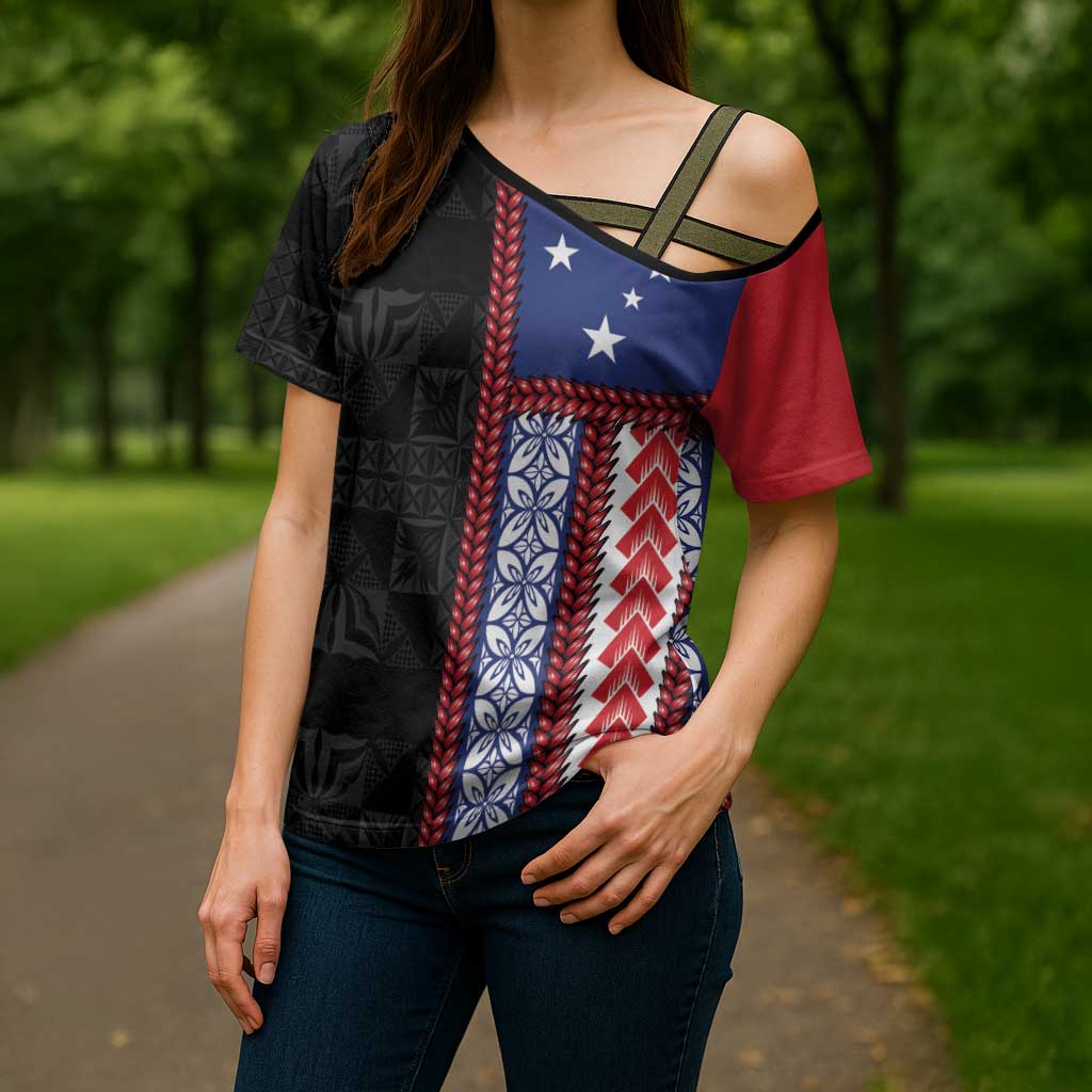 Samoa Flag Cross Shoulder Shirt Ula Fala With Samoan Siapo - Polynesian Pride
