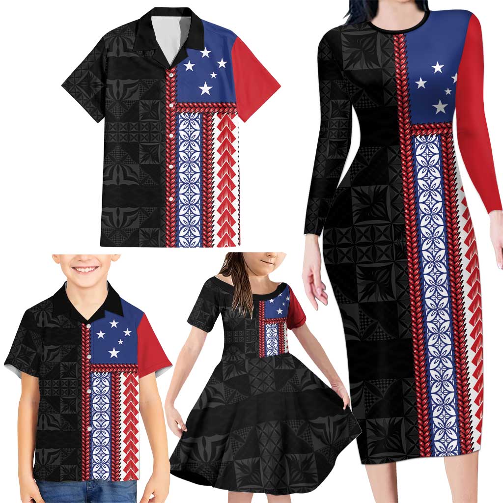 Samoa Flag Family Matching Long Sleeve Bodycon Dress and Hawaiian Shirt Ula Fala With Samoan Siapo LT05 - Polynesian Pride