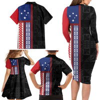 Samoa Flag Family Matching Long Sleeve Bodycon Dress and Hawaiian Shirt Ula Fala With Samoan Siapo - Polynesian Pride