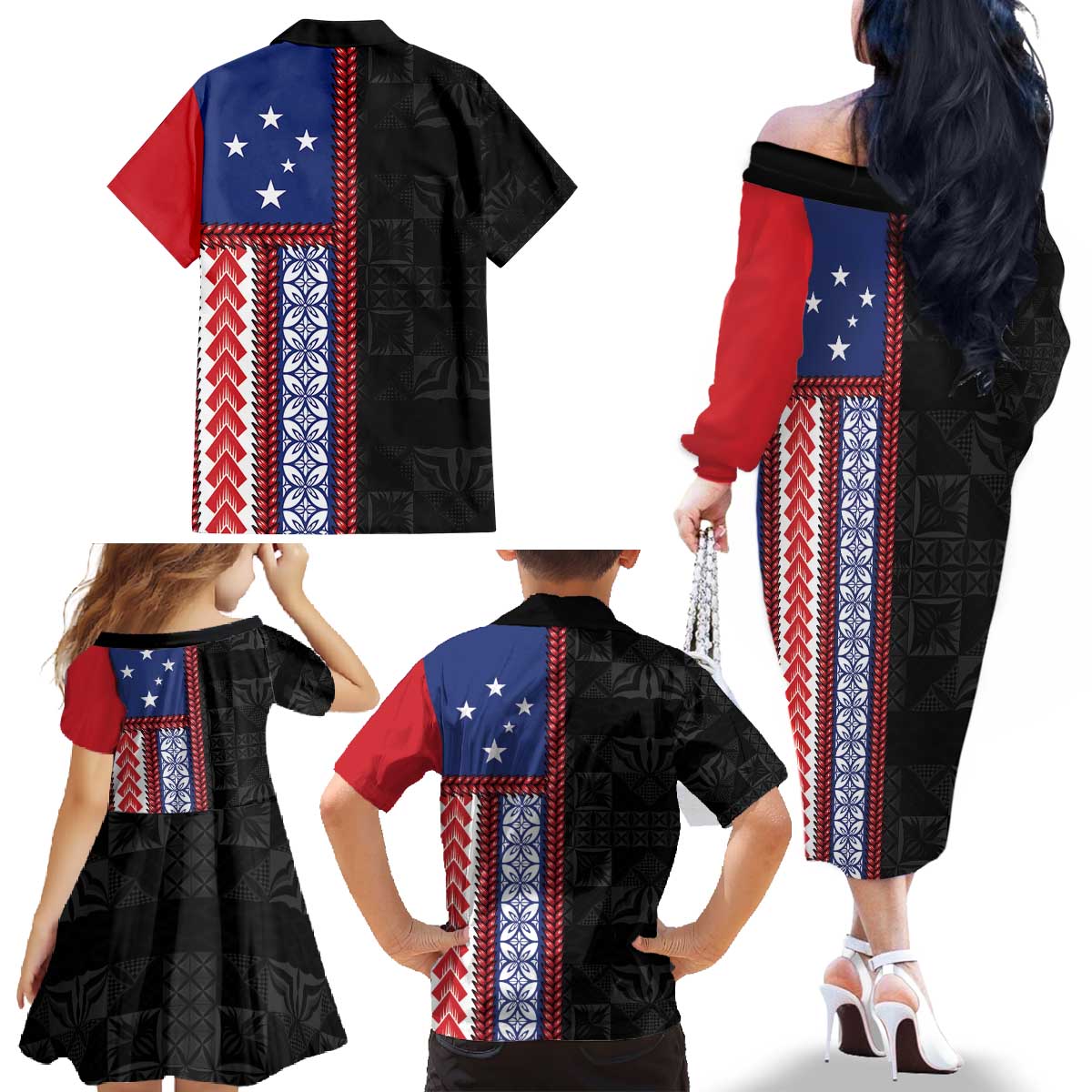 Samoa Flag Family Matching Off The Shoulder Long Sleeve Dress and Hawaiian Shirt Ula Fala With Samoan Siapo - Polynesian Pride