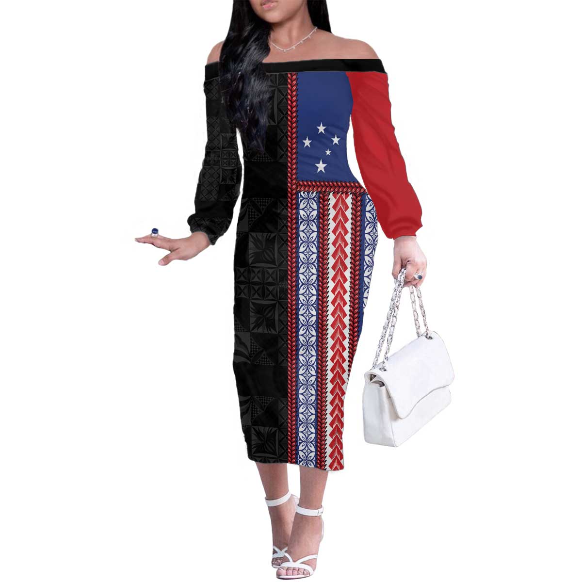 Samoa Flag Family Matching Off The Shoulder Long Sleeve Dress and Hawaiian Shirt Ula Fala With Samoan Siapo - Polynesian Pride